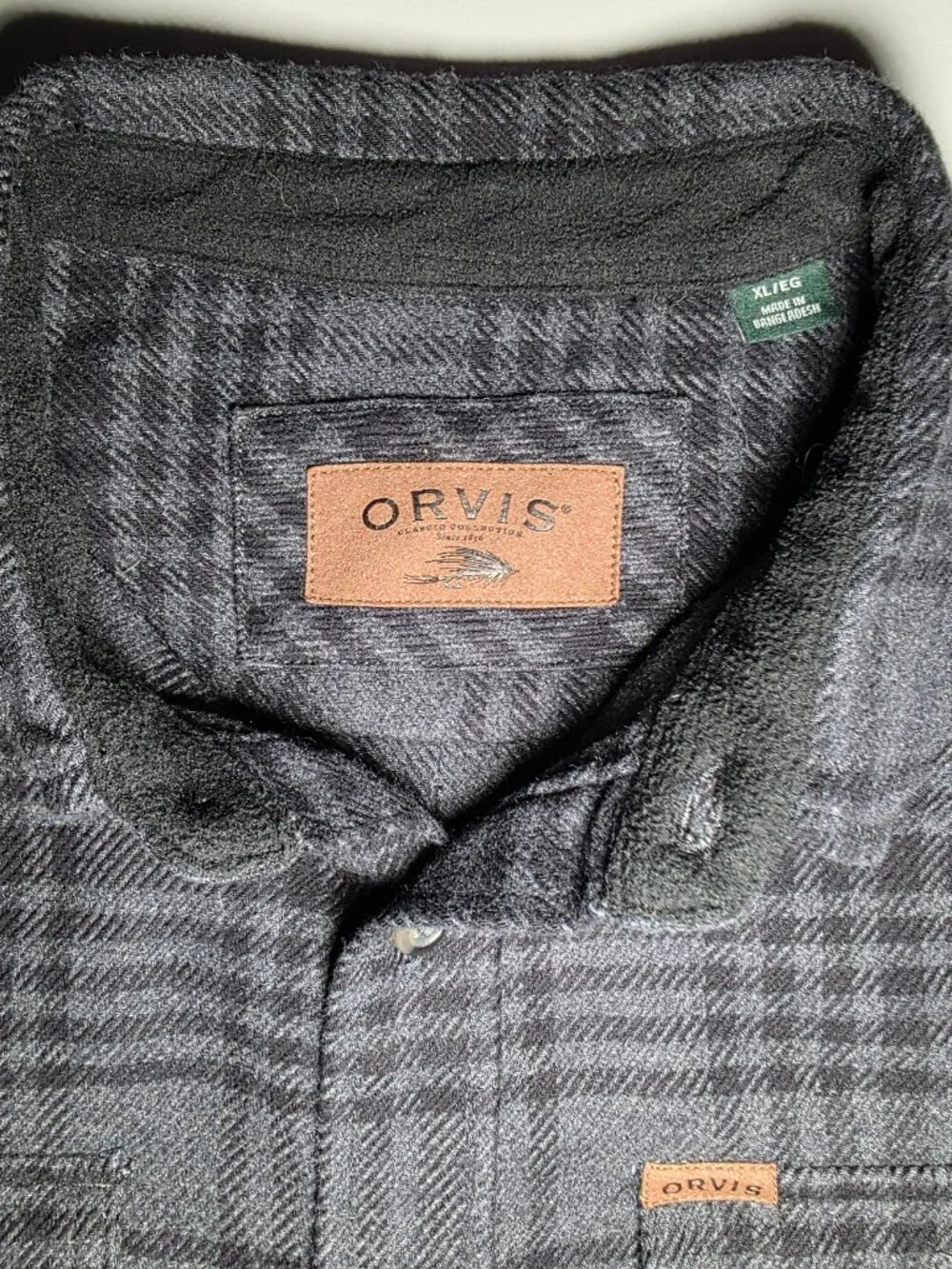Orvis Mens Gray and Black Plaid Button Up 4 Pocket Flannel Shirt Jacket Size XL